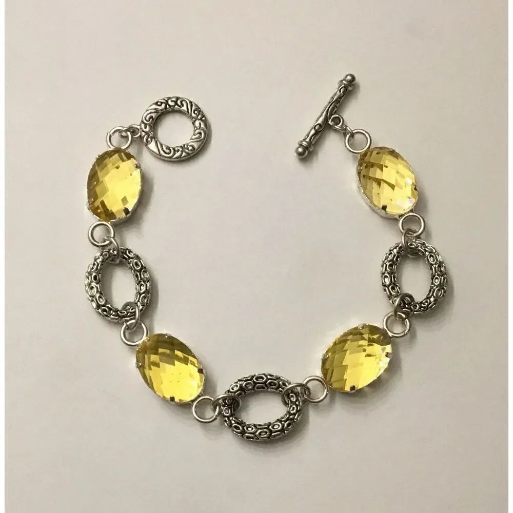 Textured Silver & Lemon Crystal Toggle Bracelet